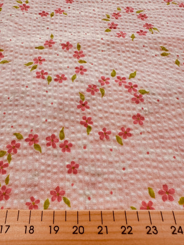 Vintage Fabric 1960s Pink Flowers on Pink Cotton Plisse 88cm Wide