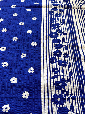 Vintage Tablecloth Crispy Unused Cotton Seersucker 1970s Blue & White 136cm x 122cm