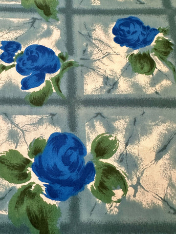 Vintage Fabric MCM 1950s 60s Blue Rose Cotton Poplin 88cm Wide