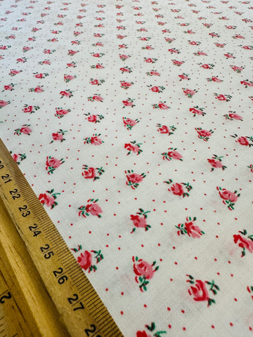 Vintage Fabric 1980s Delightful Tiny Pink Rose on White & Tiny Spot 88cm Wide