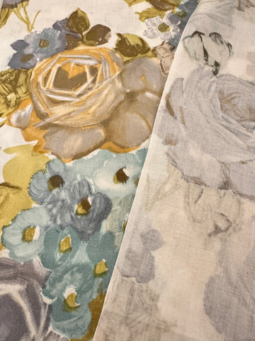 LAST PIECE Vintage Fabric 1960s Painterly Grey Roses Leaves Cotton 88cm x 50cm