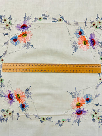 Vintage Tablecloth Centrepiece Embroidered Bright Flowers on Pale Lemon 70s? 46cm x 44cm