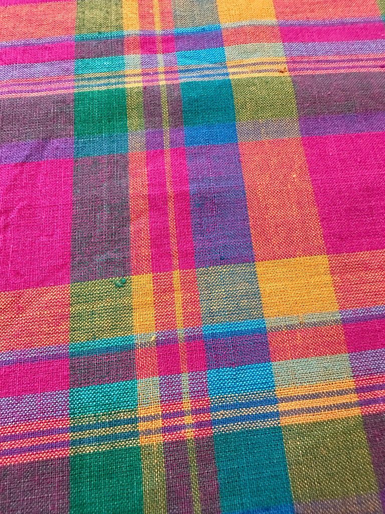 Vintage Fabric 70s 80s Bright Woven Plaid Madras? Cotton 86cm Wide