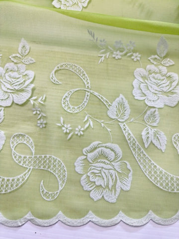 Vintage Fabric 1960s Rare Border Print Flocked Flowers Scalloped Edge Green Nylon 106cm Wide