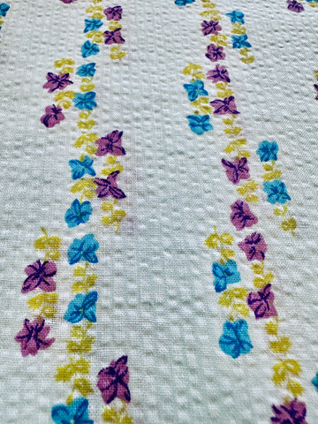 Vintage Fabric 1960s Small Retro Flowers on Pale Blue Cotton Plisse 88cm Wide