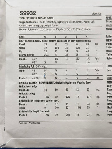 TODDLERS DRESS, TOP & PANTS: Simplicity Sewing Pattern Sizes 1-4 Unused FF *S9932