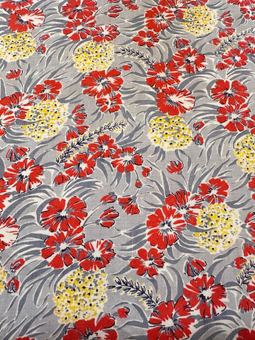 LAST 1/2m: Vintage Fabric Rare 1950s Beautiful Red & Yellow Flowers on Grey 88cm x 50cm