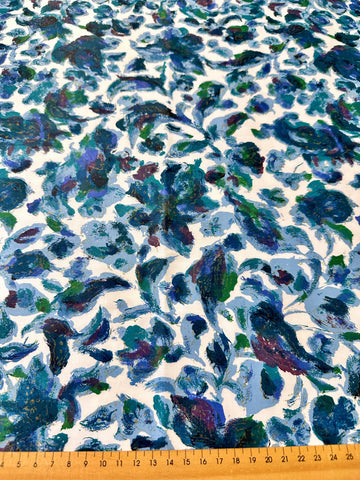 LAST PIECE Vintage Fabric 1960s? Rich Blues Greens Painterly Foliage Cotton 88cm x 50cm