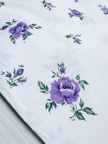 PILLOW CASE Vintage Fabric Purple Green Roses on White Crispy Cotton 65cm x 42cm