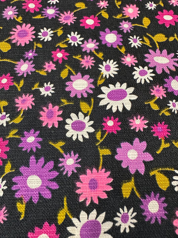 Vintage Fabric 1960s Linen-Look Cotton w/ Retro Flowers on Black 88cm Wide