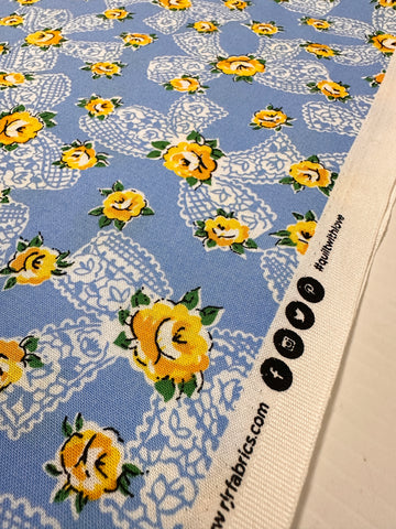 Modern Fabric Everything But The Kitchen Sink 2016 Pinafore Yellow Roses w/ Bows on Blue RJR Studio Quilt Cotton 112cm Wide