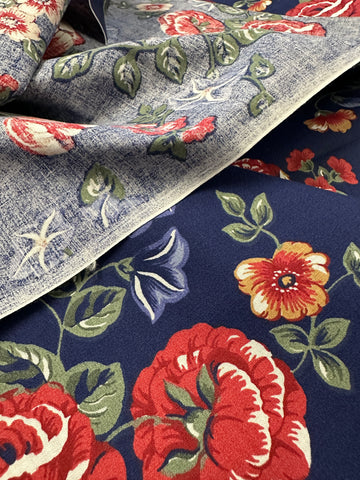 Vintage Fabric 1980s Wamsutta Blue Red Flowers on Navy Cotton Blend 112cm Wide