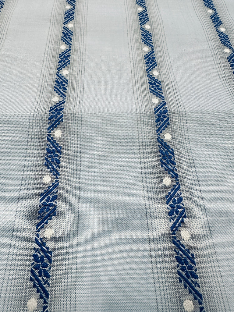 Vintage Fabric 1960s 70s Light Weight Pale Blue Cotton w/ Embroidered Stripe Spot 88cm Wide