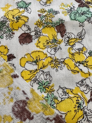 Vintage Fabric 1960s White Cotton Poplin w/ Green & Yellow Flowers 88cm Wide