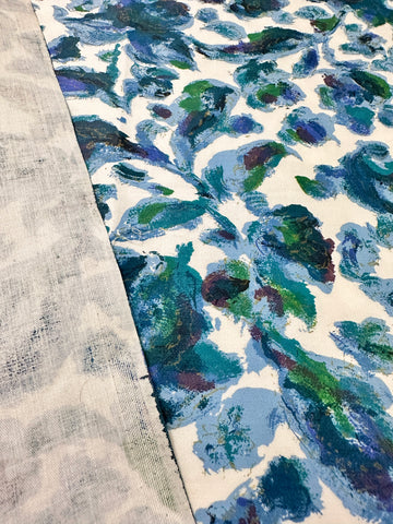 LAST PIECE Vintage Fabric 1960s? Rich Blues Greens Painterly Foliage Cotton 88cm x 50cm