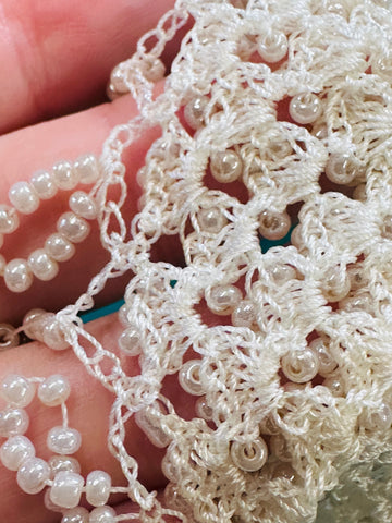 Vintage Crochet Milk Jug Cover w/ Glass? Beads Doily 16cm Diameter