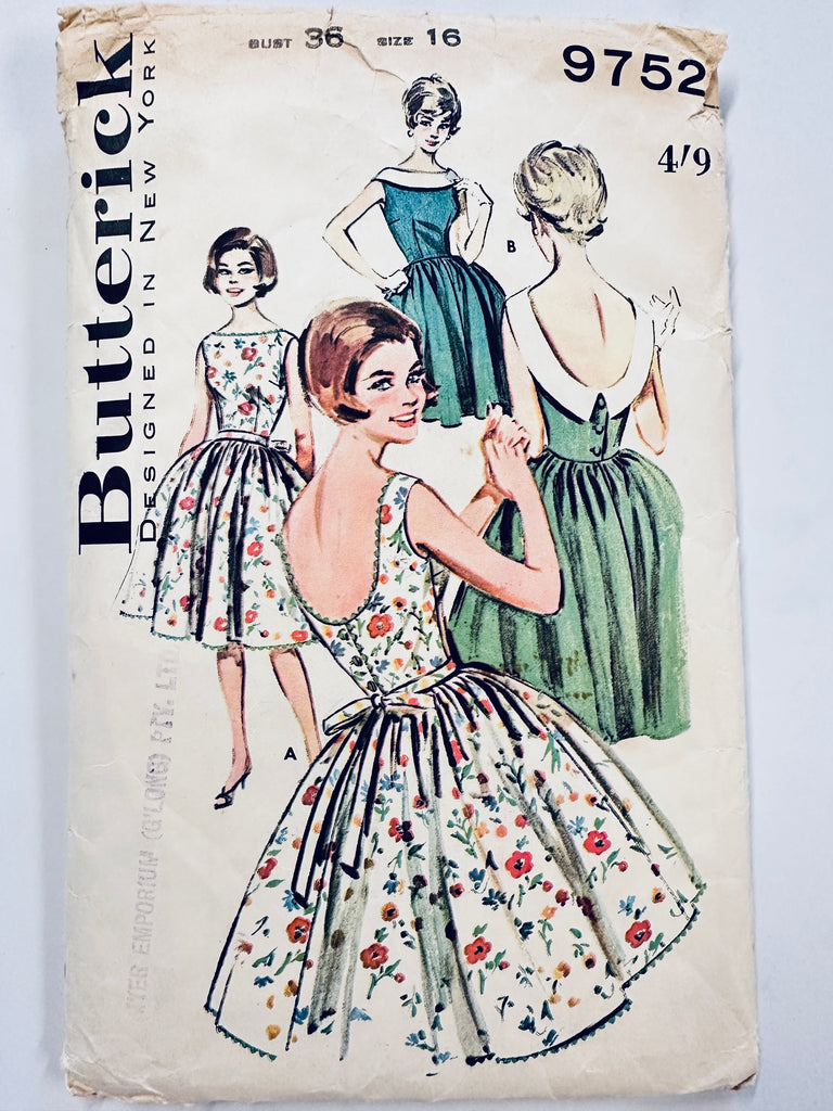 MISSES’ BACK SCOOPED DRESS: Butterick Sewing Pattern 1961 Size 16 Complete *9752