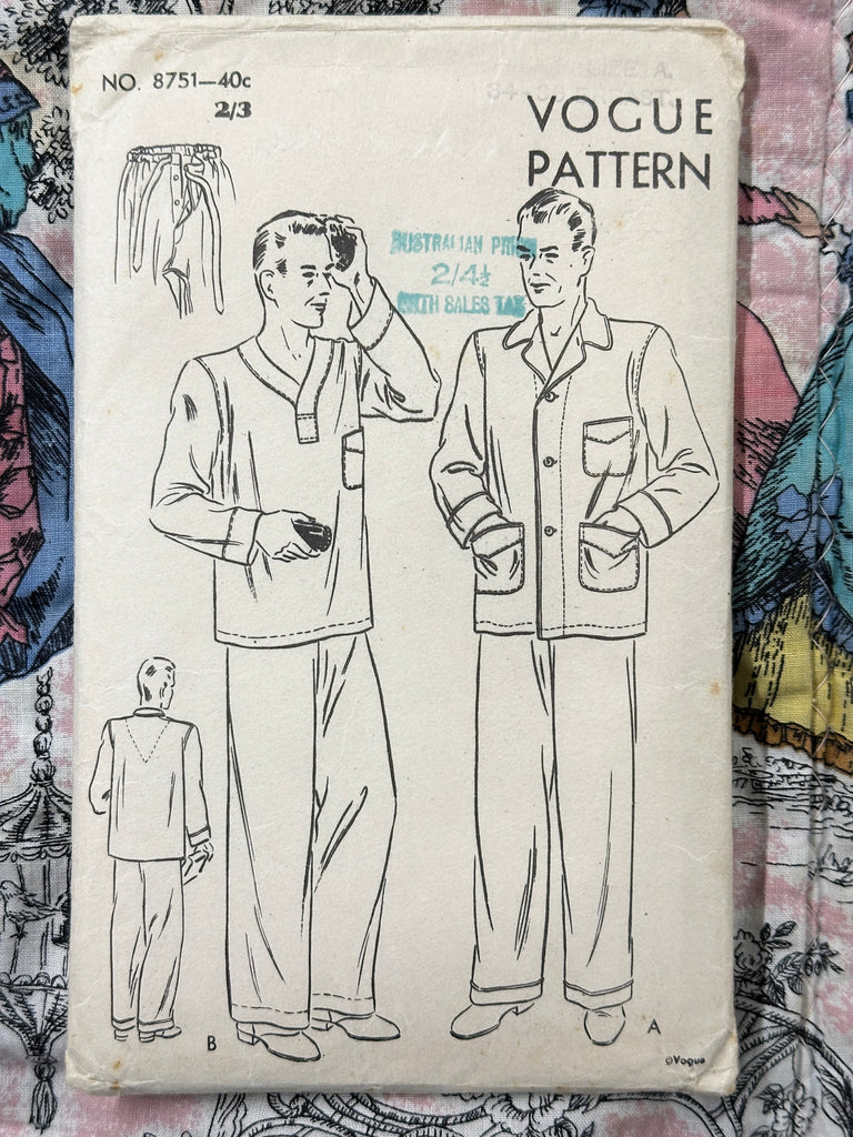 MEN’S PYJAMAS: Vogue Sewing Pattern 1940 Size 34-36 Complete Unused *8751