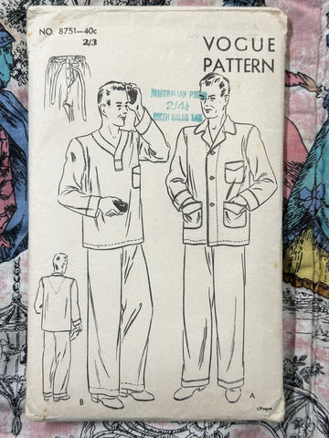 MEN’S PYJAMAS: Vogue Sewing Pattern 1940 Size 34-36 Complete Unused *8751