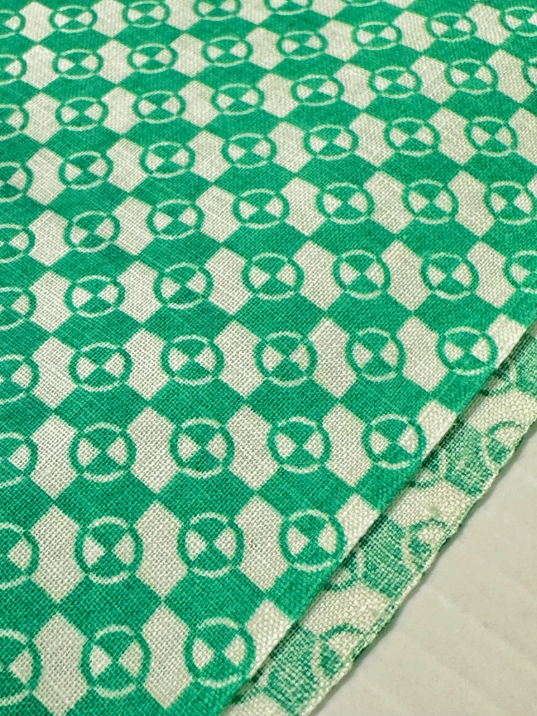 Vintage Fabric 1950s 60s Art Deco Green Circles Squares Cotton 88cm Wide