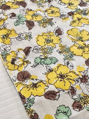 Vintage Fabric 1960s White Cotton Poplin w/ Green & Yellow Flowers 88cm Wide