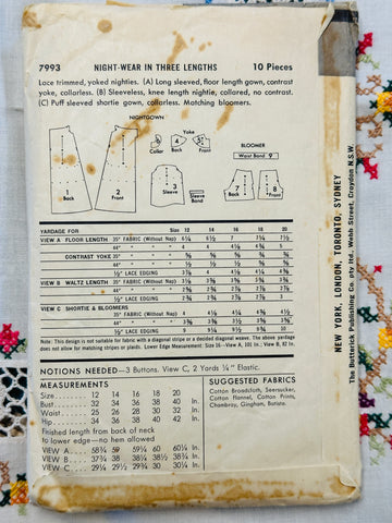 NIGHTGOWN & BLOOMERS: Butterick Sewing Pattern 1950s Size 16 Bust 36 Complete *7993