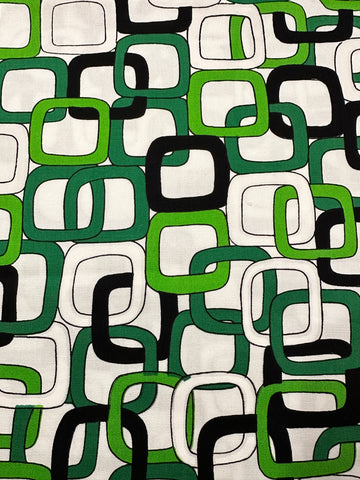 Vintage Fabric 60s 70s Mod Bright Green Interlocking Squares Cotton 90cm Wide