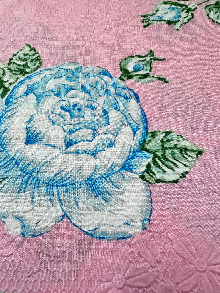 REMNANT Vintage Fabric Embossed Cotton 60s Pale Blue Base & Blue Flowers 44cm x 44cm