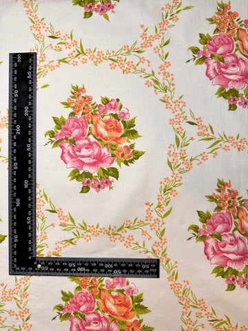 FAT QUARTER Vintage Fabric 70s Pink Orange Flowers Cotton Sheeting 50cm x 50cm