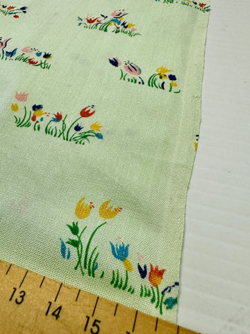 Vintage Fabric 1960s Boho Meadow Retro Tulips on Mint Green Cotton 88cm Wide
