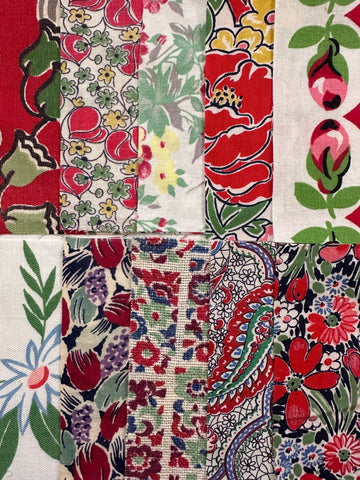 6cm x 12cm Fabric Pack - 10 Pieces - Mid-Century Cottons - Reds Greens