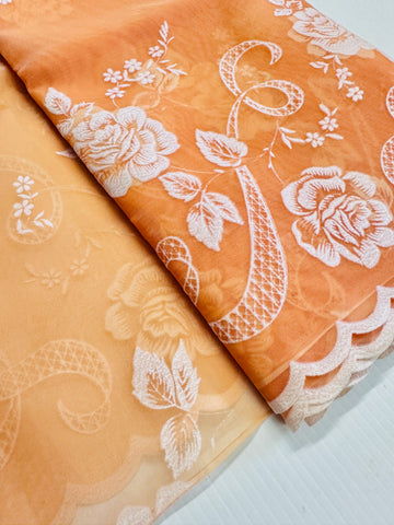 Vintage Fabric 1960s Rare Border Print Flocked Flowers Scalloped Edge Orange Nylon 106cm Wide