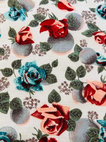 FAT QUARTER Vintage Fabric 1960s Teal & Red Roses on Textured Cotton 44cm x 50cm