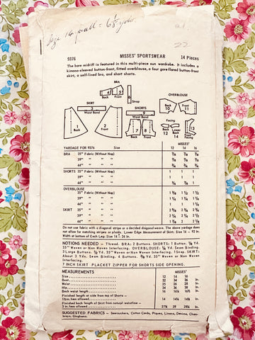 SPORTSWEAR SUN WARDROBE: Butterick Sewing Pattern 1960 Size 14 Complete *9376