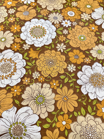 Vintage Fabric 1970s Sheridan Cotton Blend Sheeting Retro Flowers on Brown 88cm Wide