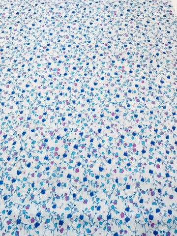 Vintage Fabric 60s 70s Tiny Blue Pink Minimalist Flowers on Pale Blue Cotton 88cm Wide