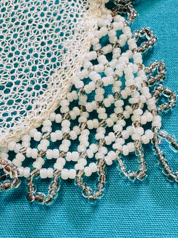 Vintage Lace Milk Jug Cover w/ Glass? Beads Upcycle Doily 14cm Diameter