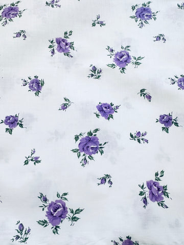 PILLOW CASE Vintage Fabric Purple Green Roses on White Crispy Cotton 65cm x 42cm