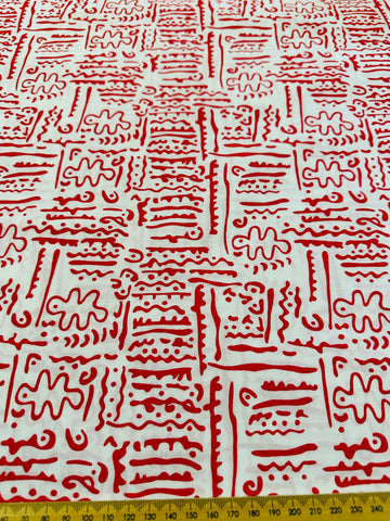 Vintage Fabric 1980s Red Squiggle on White Cotton Blend 112cm Wide