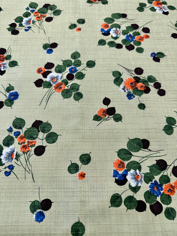Vintage Fabric 1960s Floral Sprays on Olive Green Textured Cotton 88cm Wide