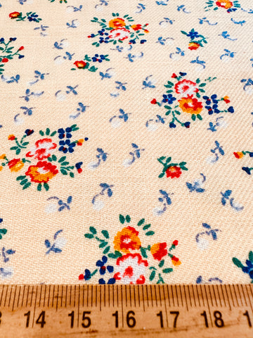 Vintage Fabric 1950s Bright Small Floral on Pale Apricot Brushed Cotton Twill Quality 76cm Wide