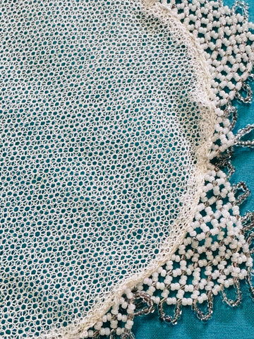 Vintage Lace Milk Jug Cover w/ Glass? Beads Upcycle Doily 14cm Diameter