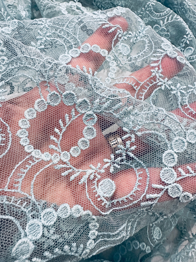 Vintage Fabric 1960s? 1970s Striking Pale Blue Lace 90cm Wide