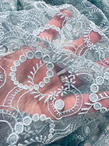 Vintage Fabric 1960s? 1970s Striking Pale Blue Lace 90cm Wide