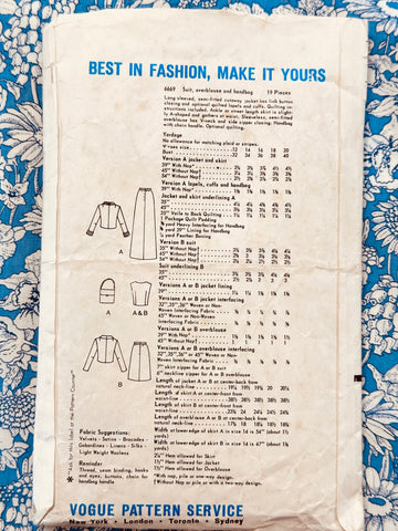 SUIT, OVERBLOUSE & HANDBAG: Vogue Special Design Sewing Pattern 1960s Size 14 Complete *6669