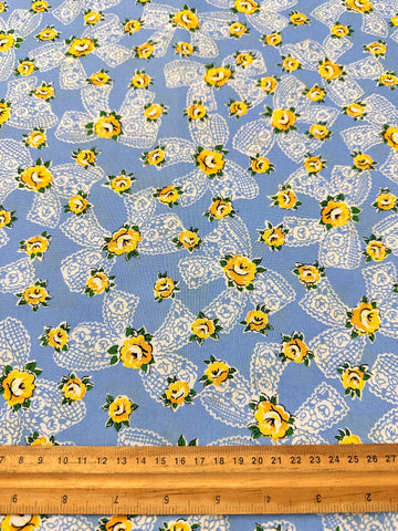 Modern Fabric Everything But The Kitchen Sink 2016 Pinafore Yellow Roses w/ Bows on Blue RJR Studio Quilt Cotton 112cm Wide