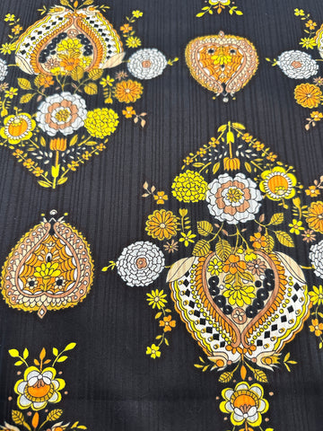 REMNANT Vintage Fabric 1960s Pure Boho Hippie Trippy Flower Cameo on Black Textured 44cm x 46cm
