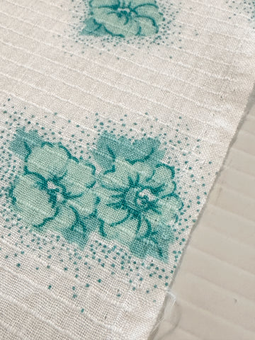Vintage Fabric 70s Cotton Fancy Window Pane Weave Aqua Flowers 108cm Wide