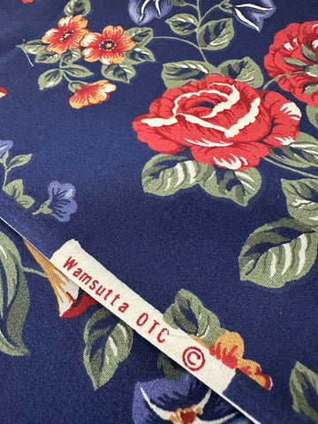 Vintage Fabric 1980s Wamsutta Blue Red Flowers on Navy Cotton Blend 112cm Wide