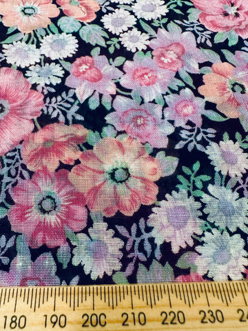 Vintage Fabric 80s 90s? Cotton Voile w/ Pink Country Floral on Black